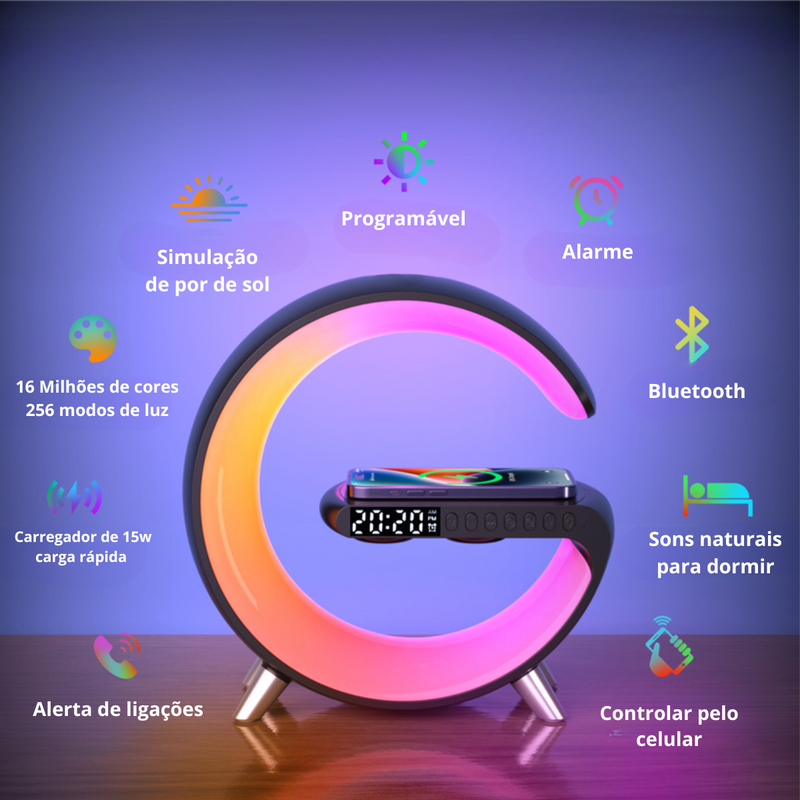 LUMINARIA CAIXA DE SOM E CARREGADOR POR INDUCAO G-SPEAKER SMART MULTIFUNCIONAL 5 EM 1 BLUETOOTH