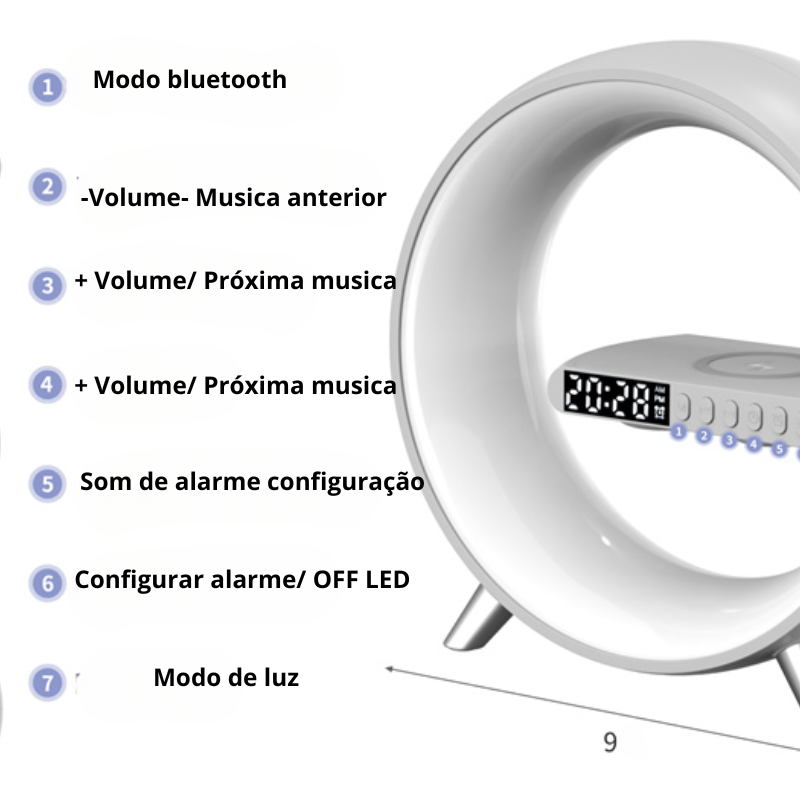 LUMINARIA CAIXA DE SOM E CARREGADOR POR INDUCAO G-SPEAKER SMART MULTIFUNCIONAL 5 EM 1 BLUETOOTH